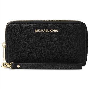 NWT Michael Kors black gold wristlet phone case